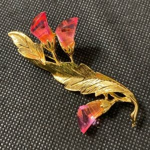 Vintage Gold Tone with Pink Tulips Brooch